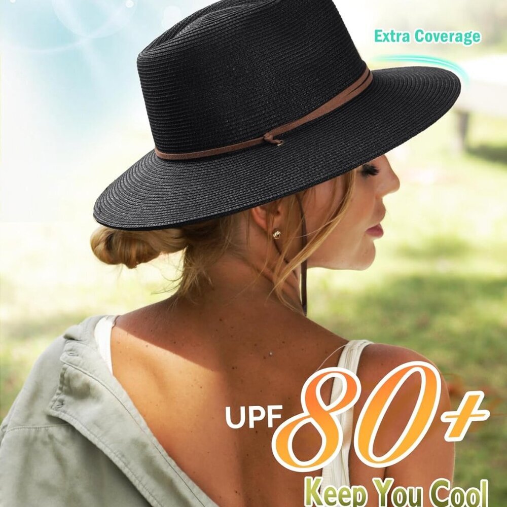 Womens Summer Straw Sun Hats Wide Brim Panama Fedora Beach Hat with Wind Lanyard - Picture 6 of 7